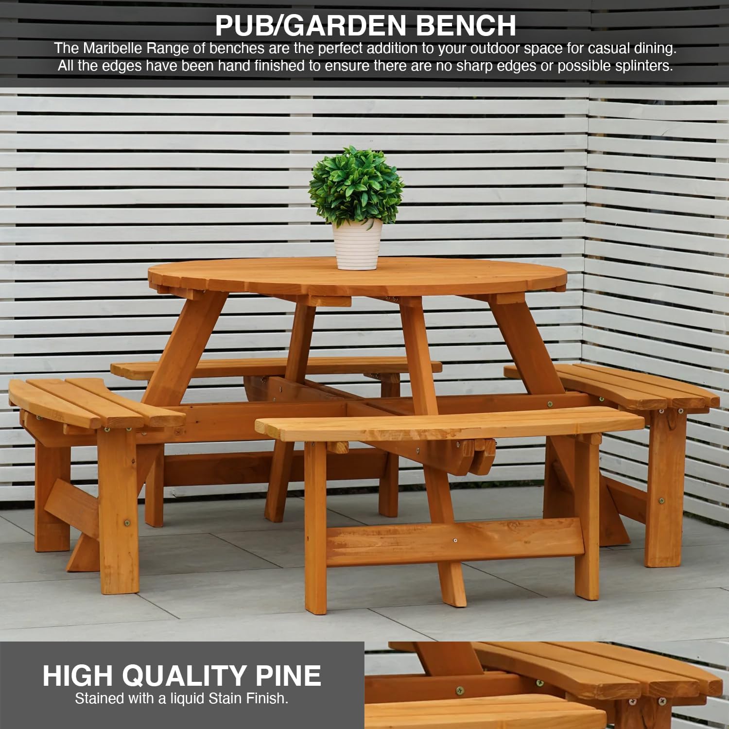 8 Seater Round Wooden Picnic Table with Benches Parasol Hole