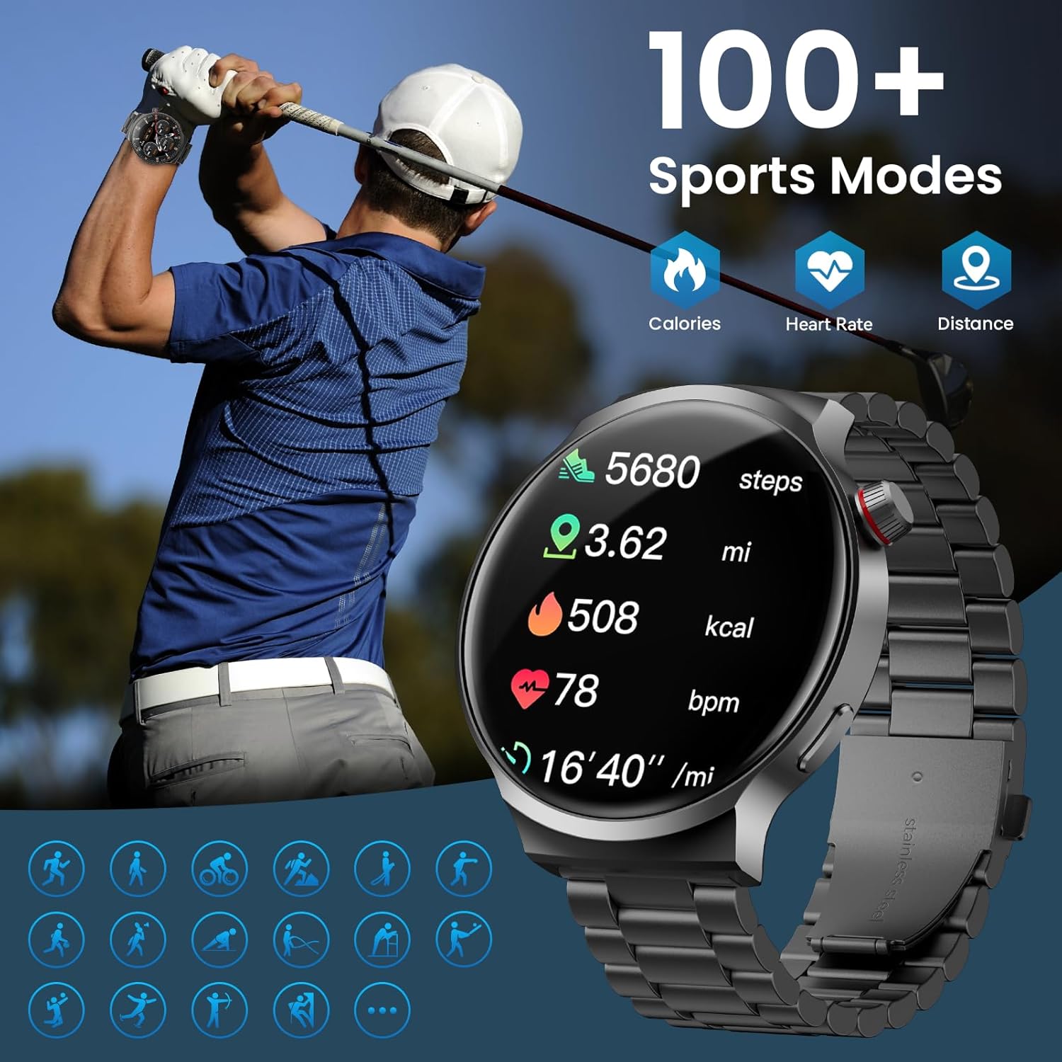 Mens Ultra Large Smart Watch 120 Day Battery Calls
