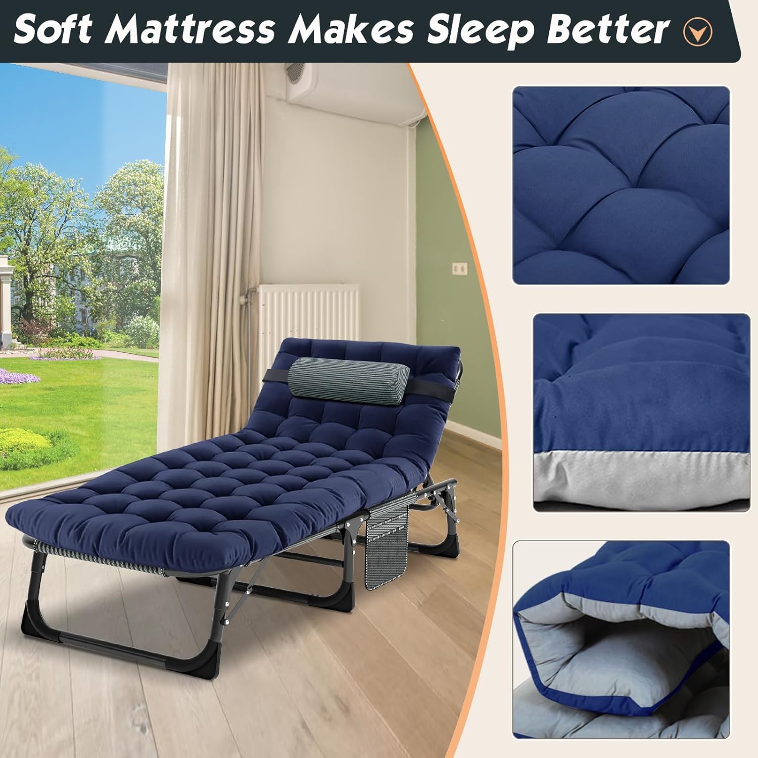 Heavy Duty Folding Sun Lounger Bed Blue Pad XL