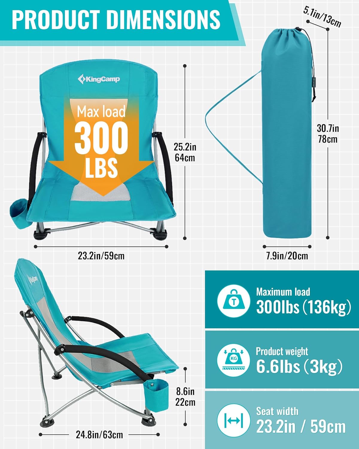 2 Pack Cyan Low Folding Beach Chairs Heavy Duty Seats