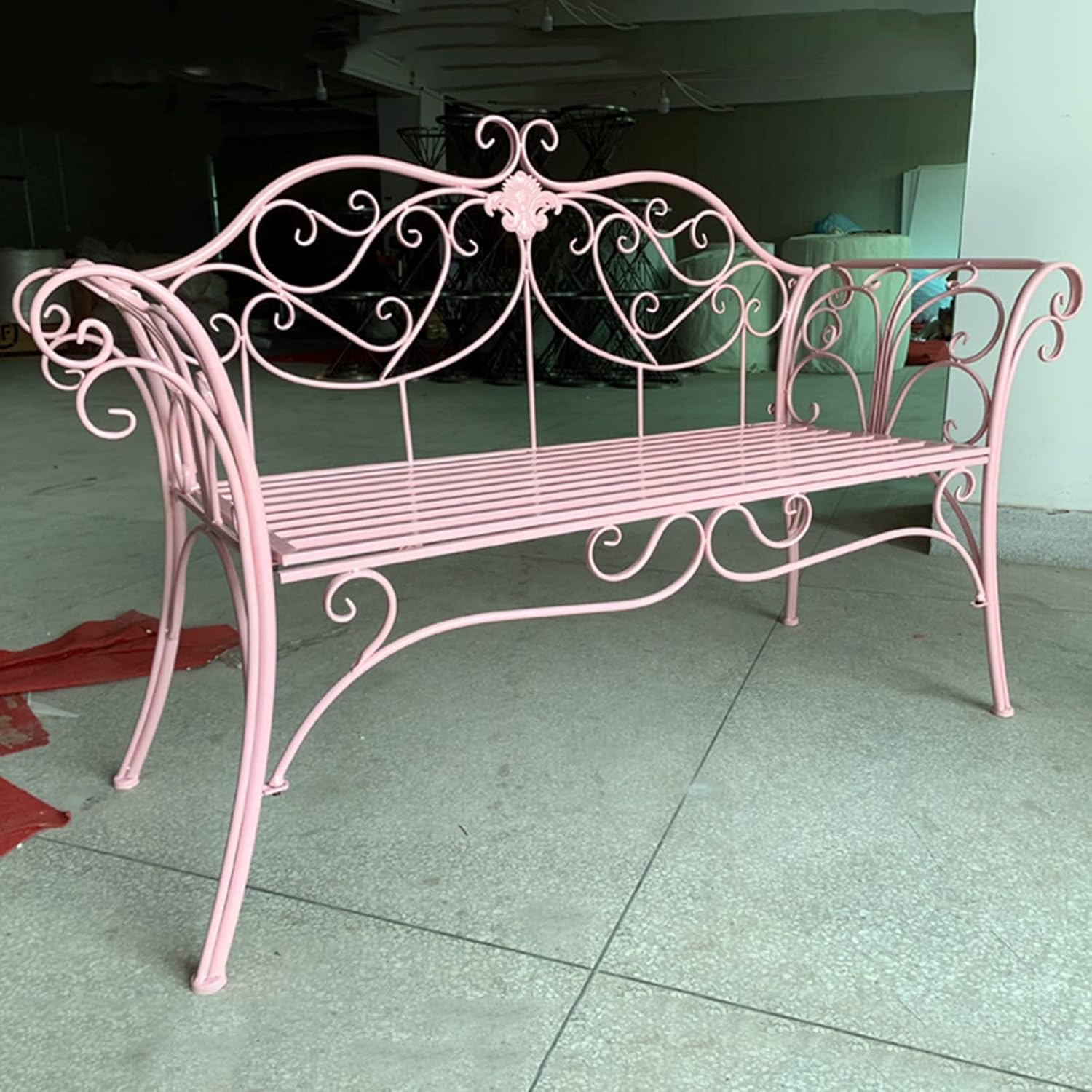 Pink Retro Garden Bench 2 Seater Metal Patio Seat with Armrests
