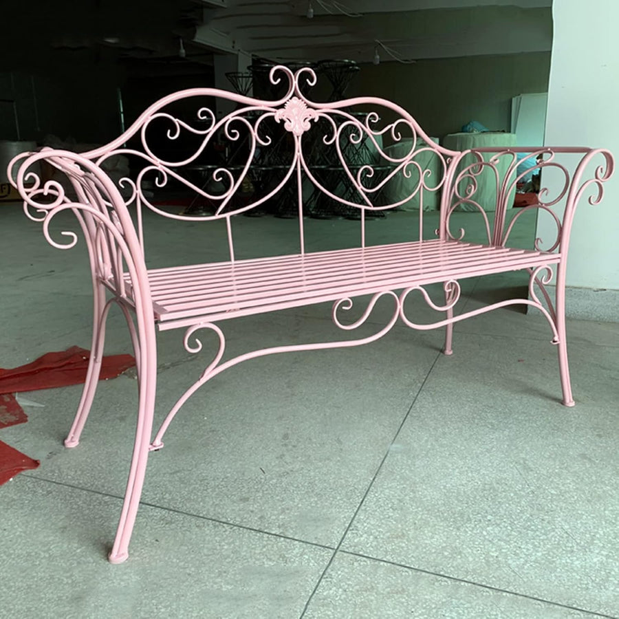 Pink Retro Garden Bench 2 Seater Metal Patio Seat with Armrests