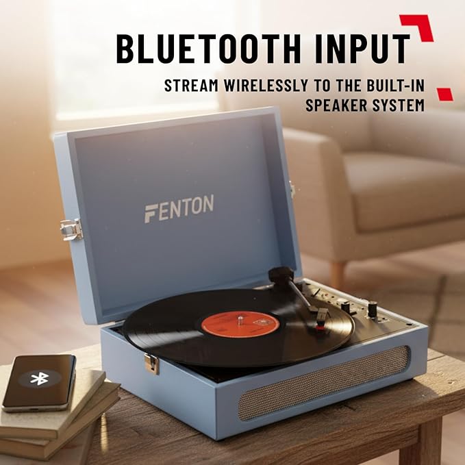 Portable Briefcase Record Player Bluetooth 3 Speed Blue