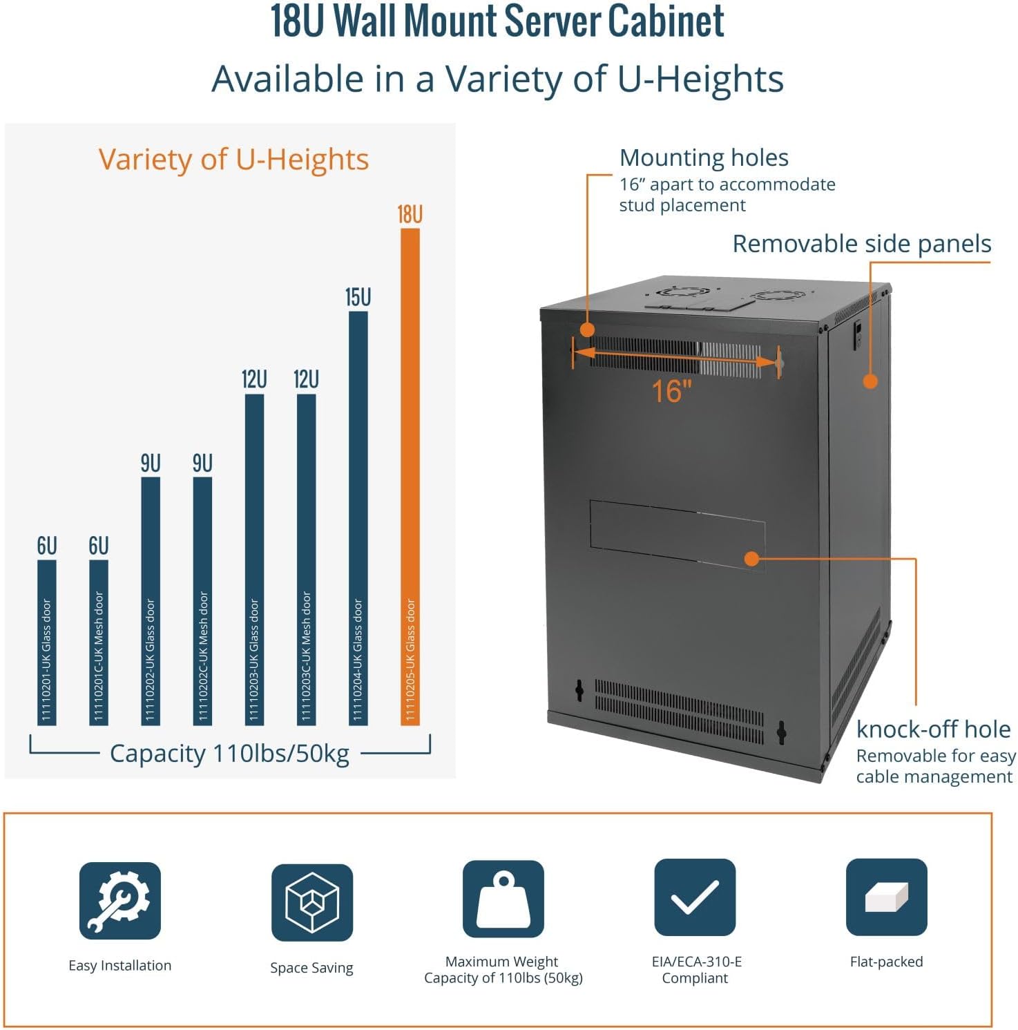 18U Wall Mount Server Cabinet 450mm Glass Door Black