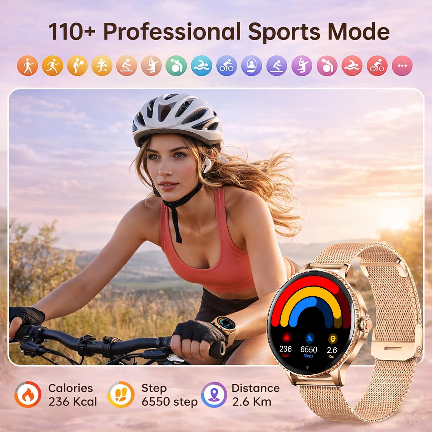 Rose Gold Womens Smart Watch Bluetooth Call Fitness