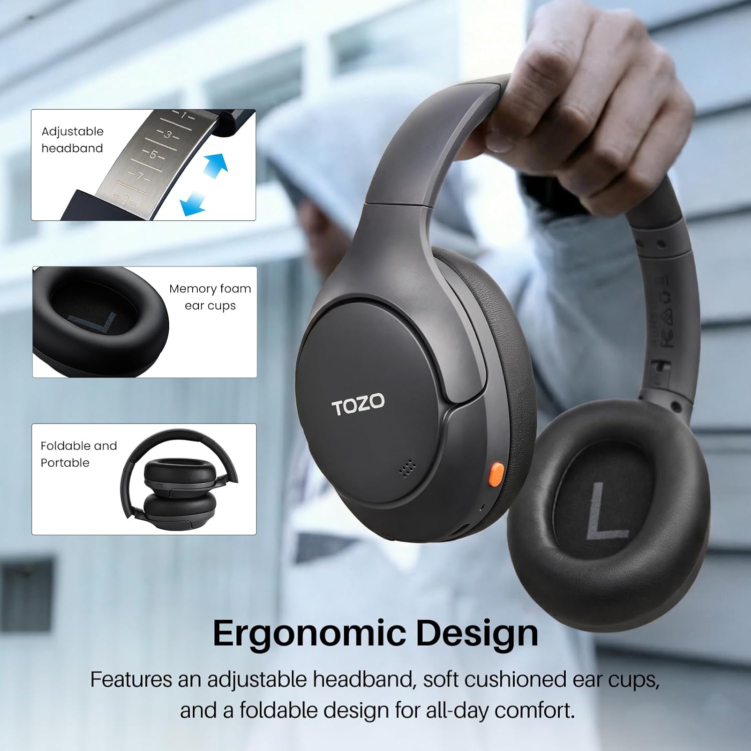 Bluetooth Noise Cancelling Headphones 90H Playtime Over Ear Mic