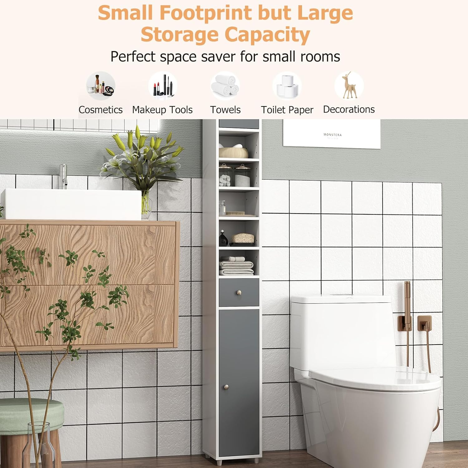 Tall Slim Bathroom Storage Cabinet Drawer Shelves Grey White