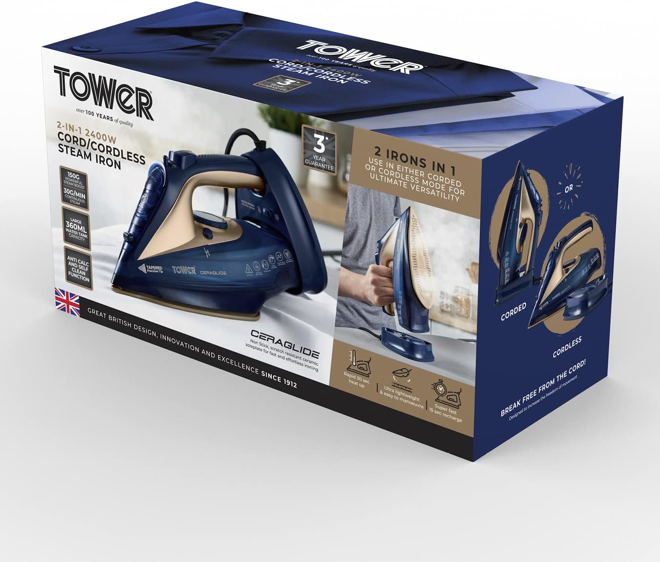 Cordless Steam Iron 2400W Ceramic Soleplate Variable Steam Auto Reheat