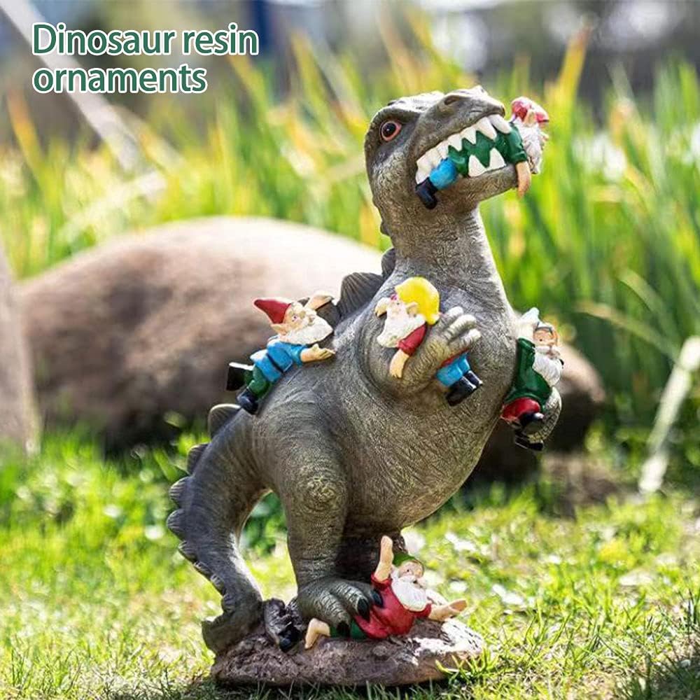Funny Dinosaur Eating Gnomes Statue Resin Garden Decor Outdoor