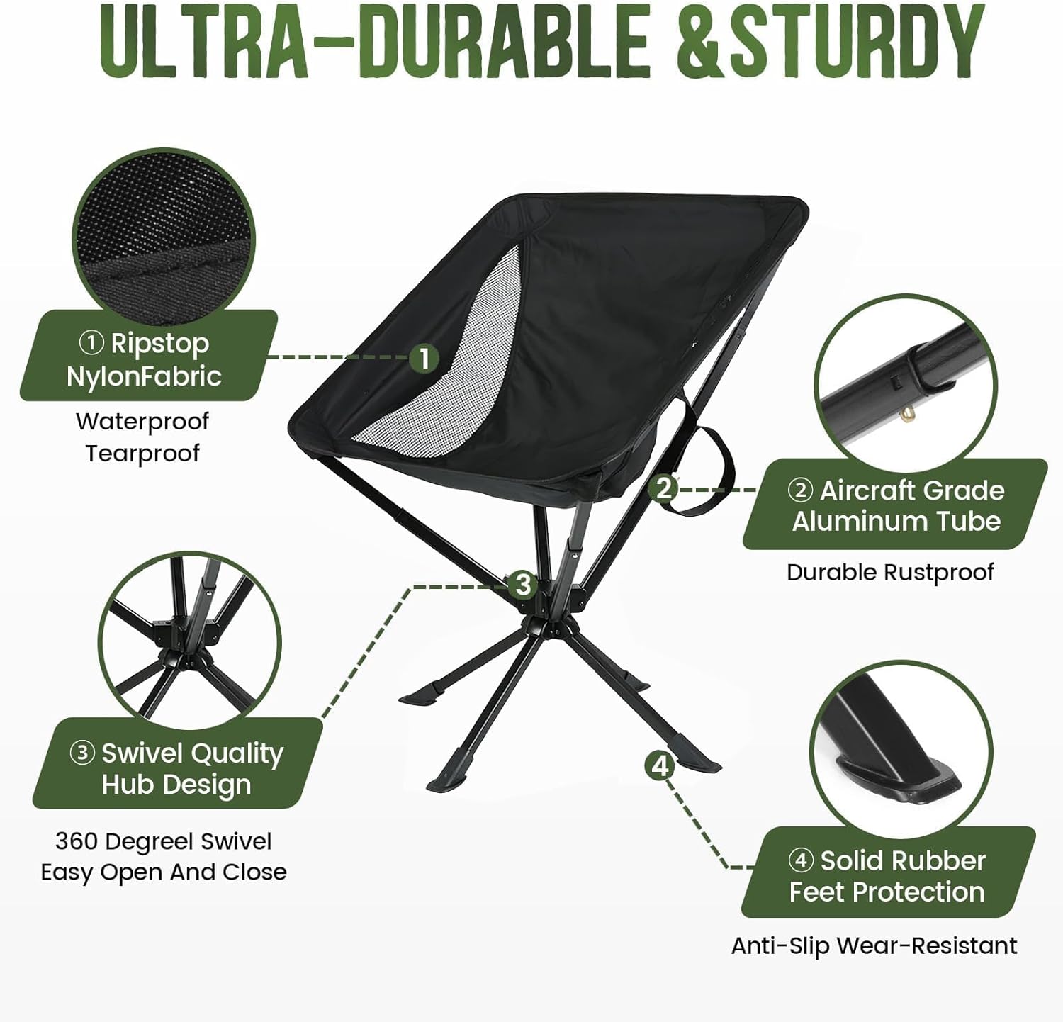 360 Swivel Folding Moon Camping Chair Portable Black