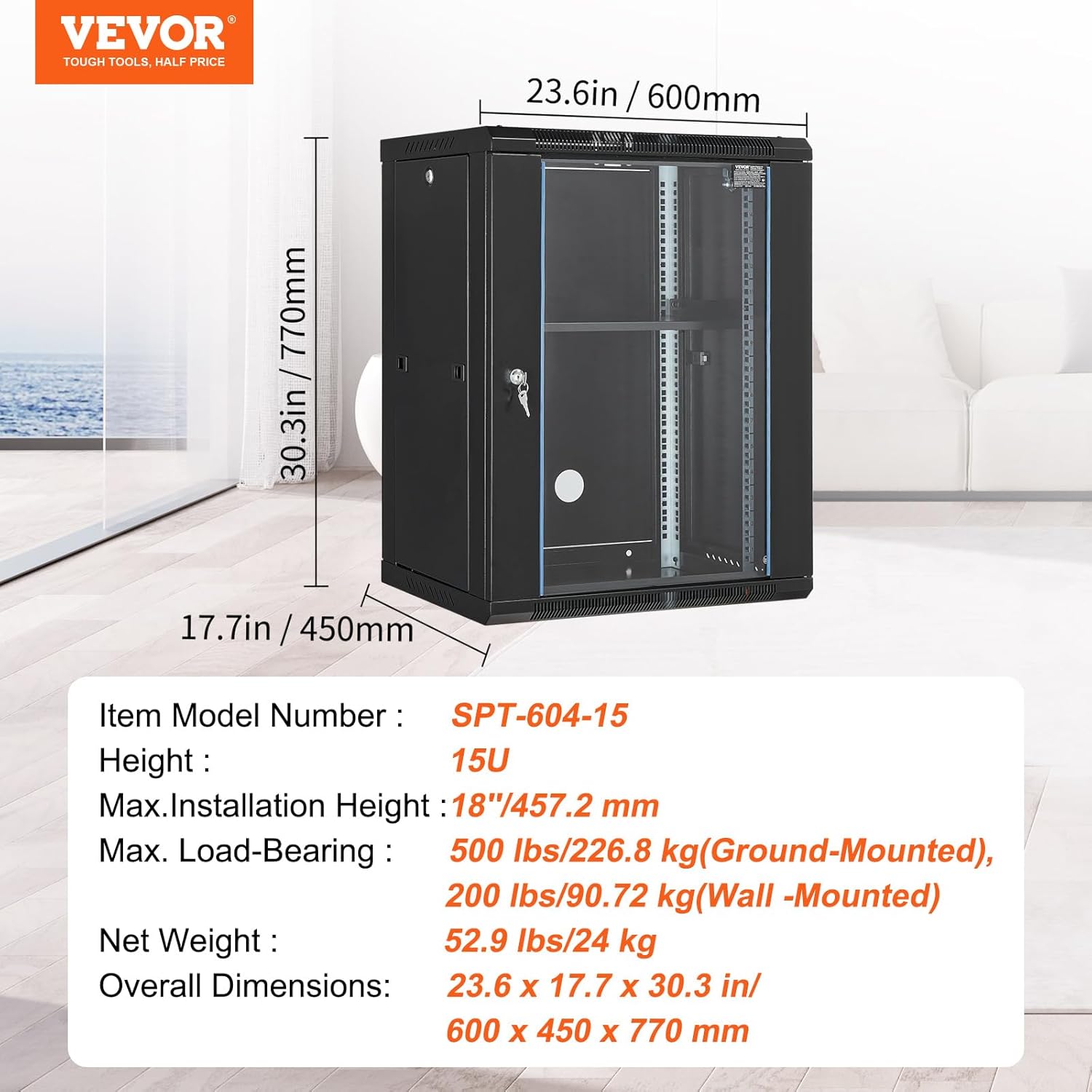 15U Wall Mount Server Cabinet Glass Door on Wheels 18 Inch