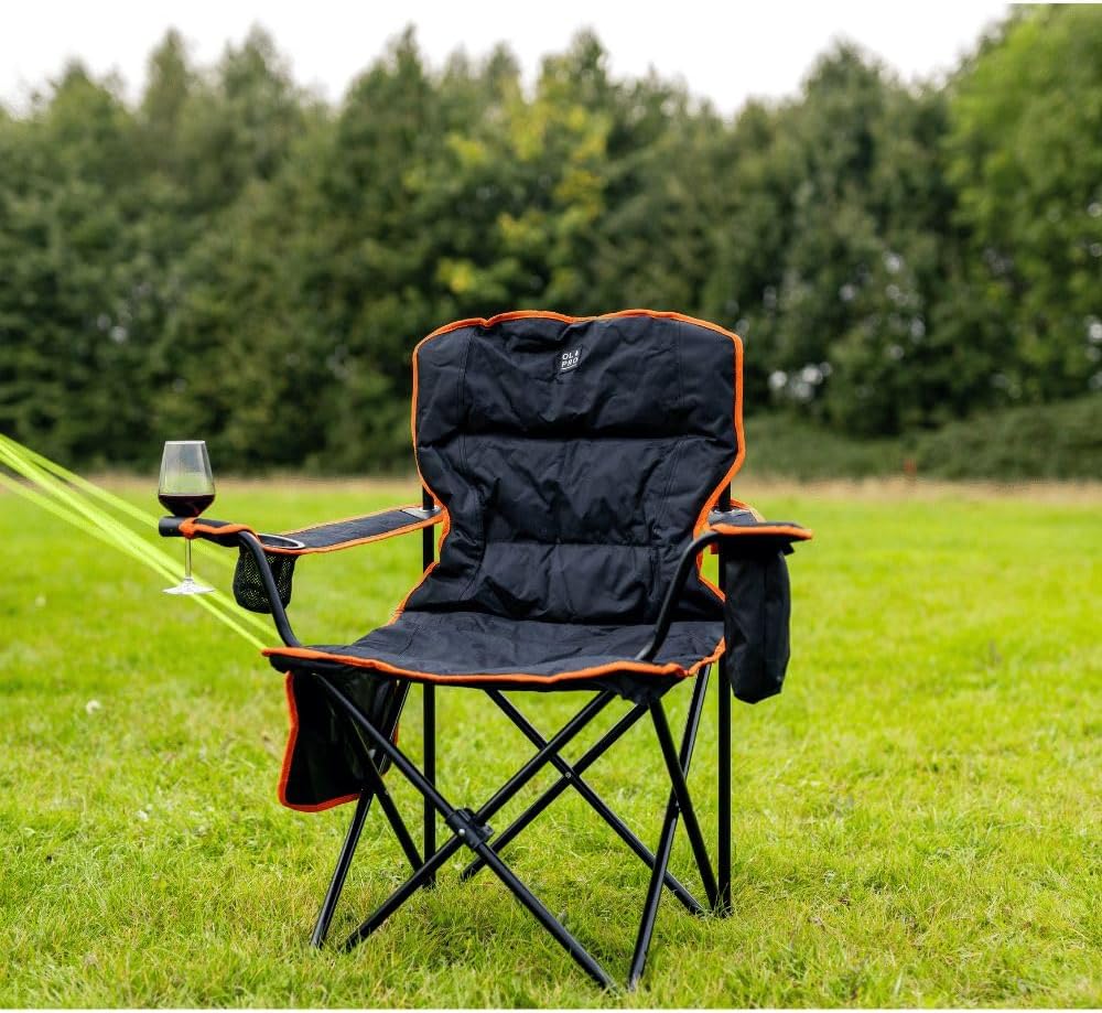 Padded Folding Camping Chair with Cooler Black Orange