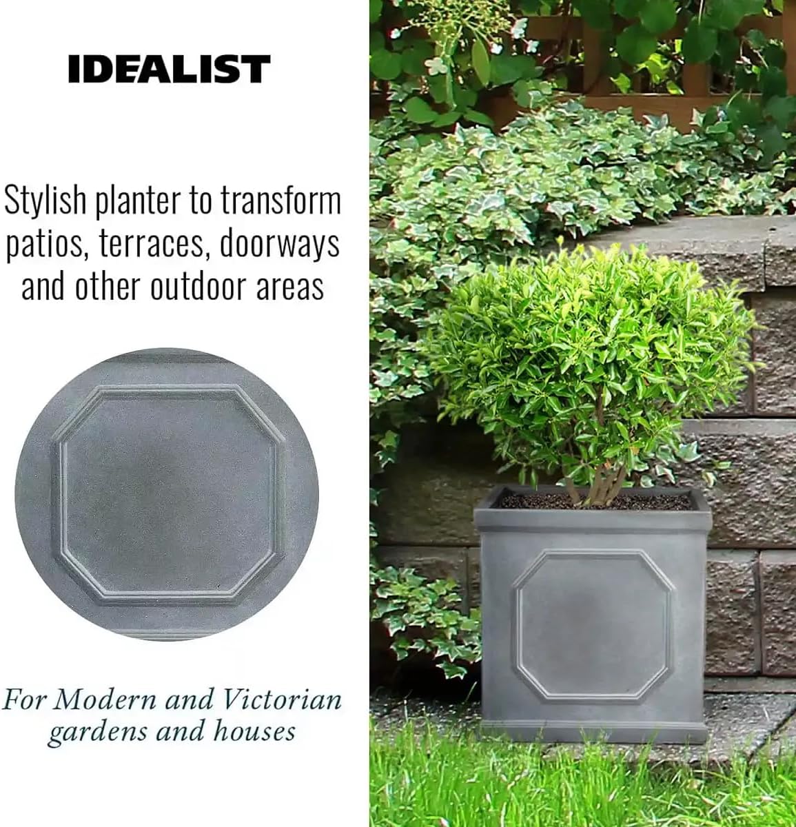 37cm Square Planter Faux Lead Grey Garden Pot Drainage