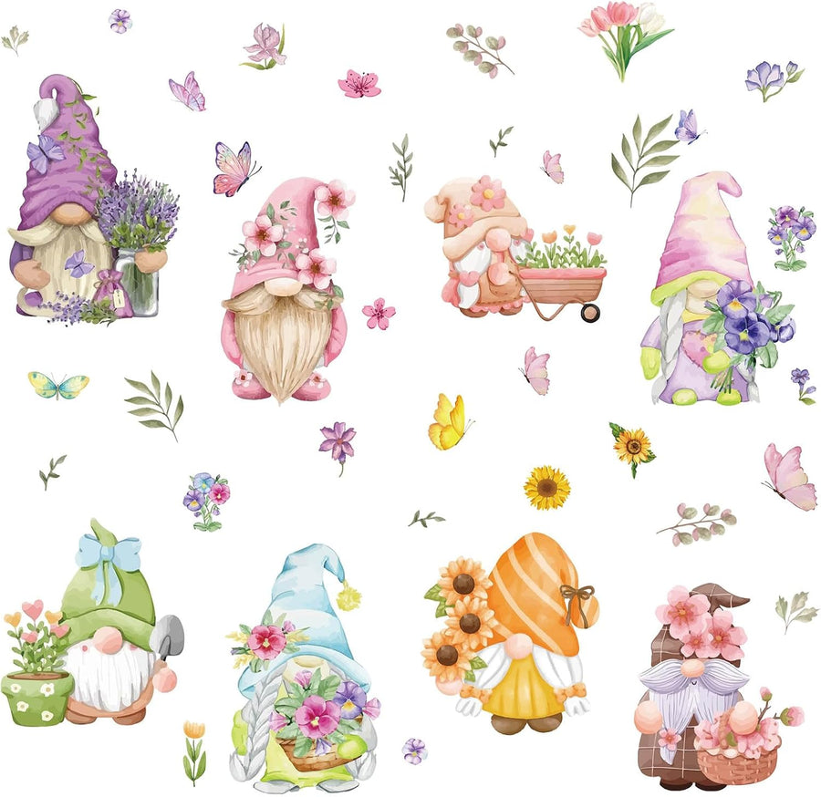 Gnome Window Stickers Floral Reusable Waterproof PVC Wall Decals 8pcs