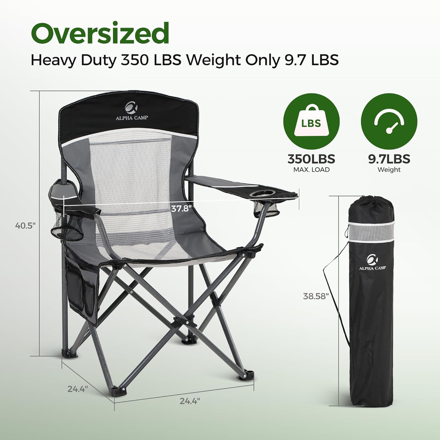 Oversized Camping Chair Mesh Back Folding Seat Black