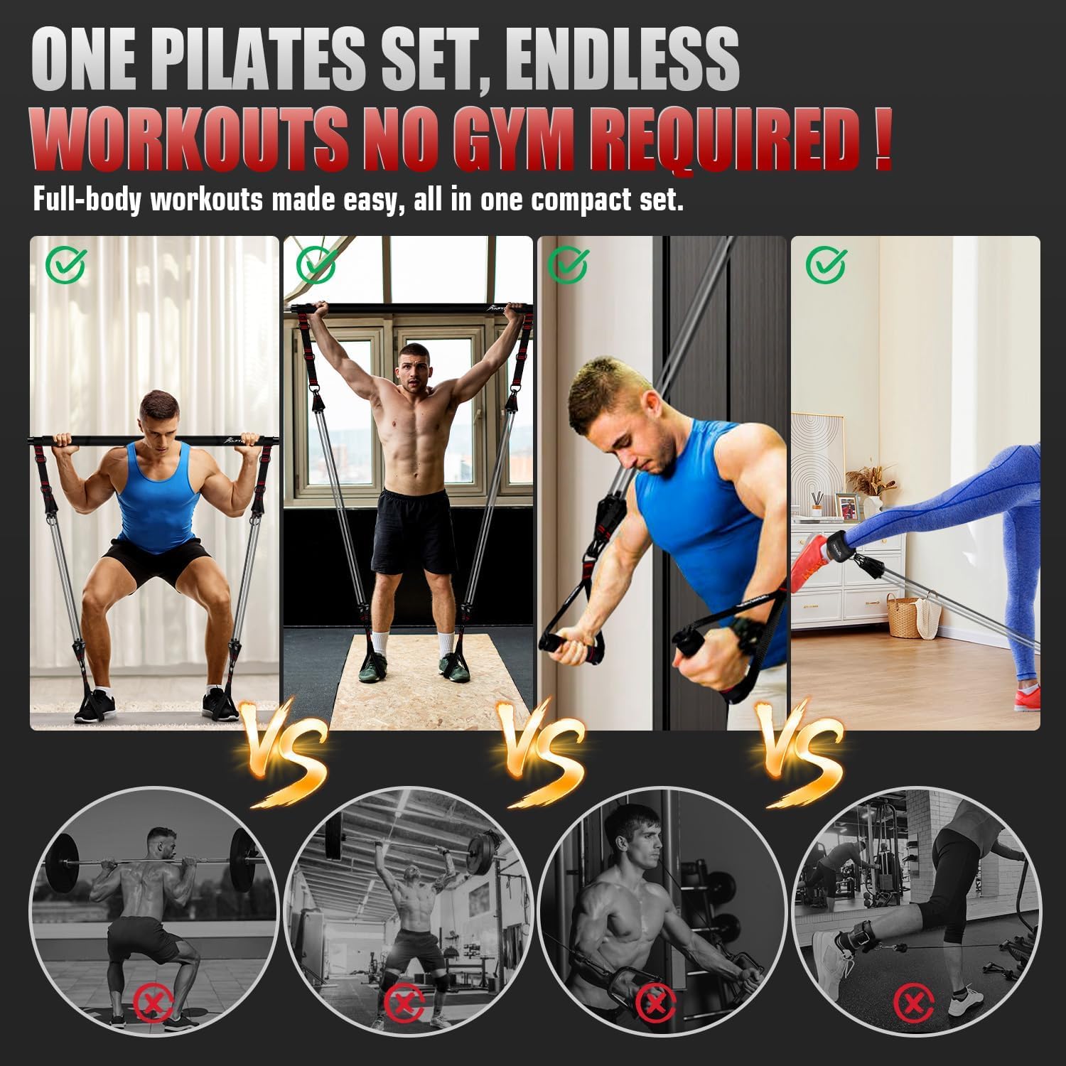 Pilates Bar Kit Resistance Bands 270lb Portable Home Gym Set