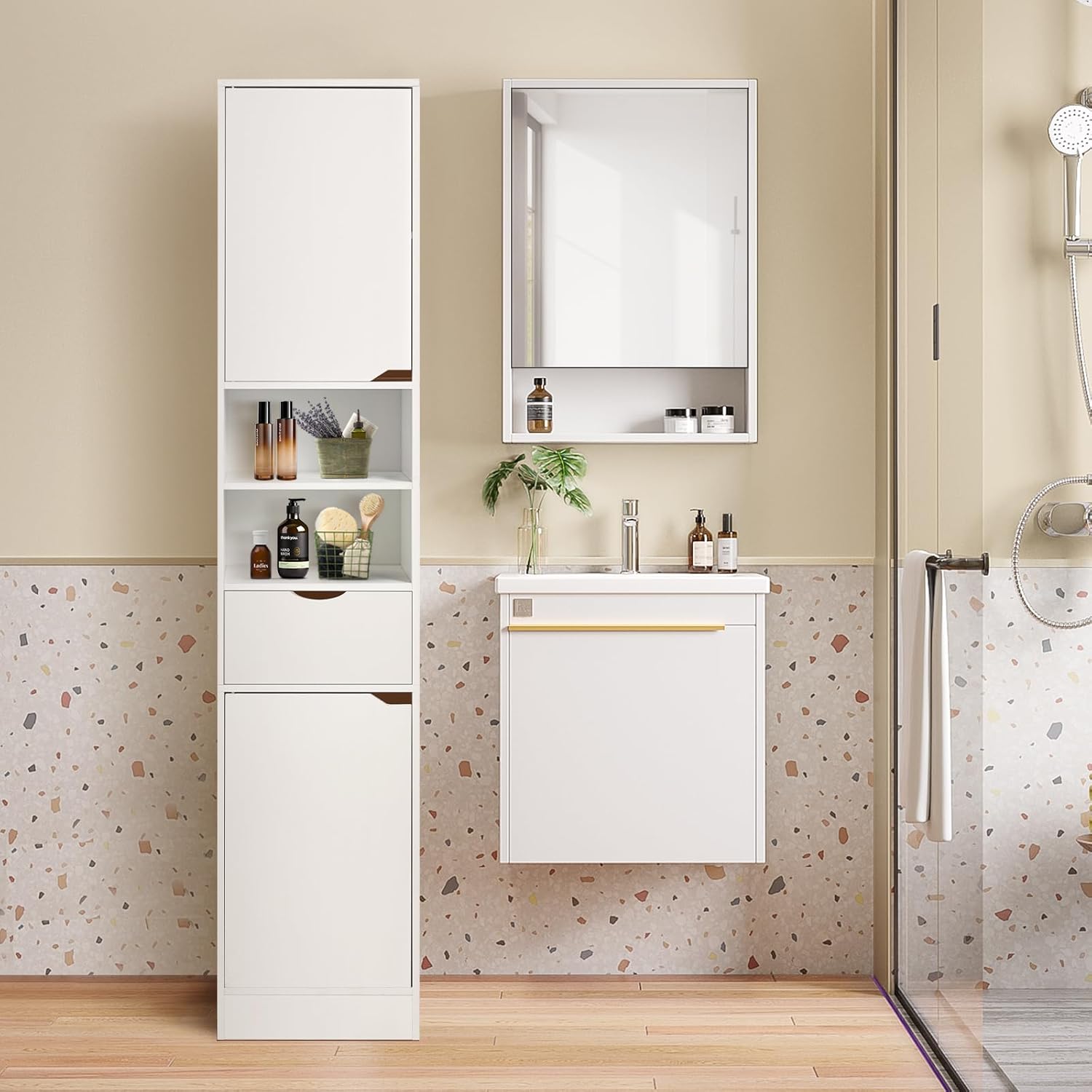 Tall Bathroom Cabinet White 8 Shelf 2 Door Storage Unit