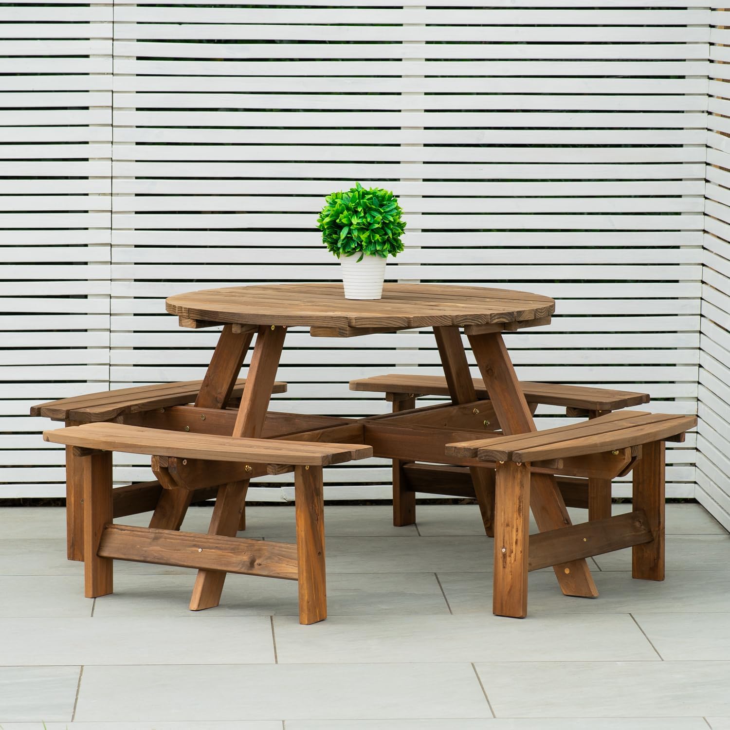 8 Seater Round Wooden Garden Picnic Table Bench Outdoor Patio w/Parasol