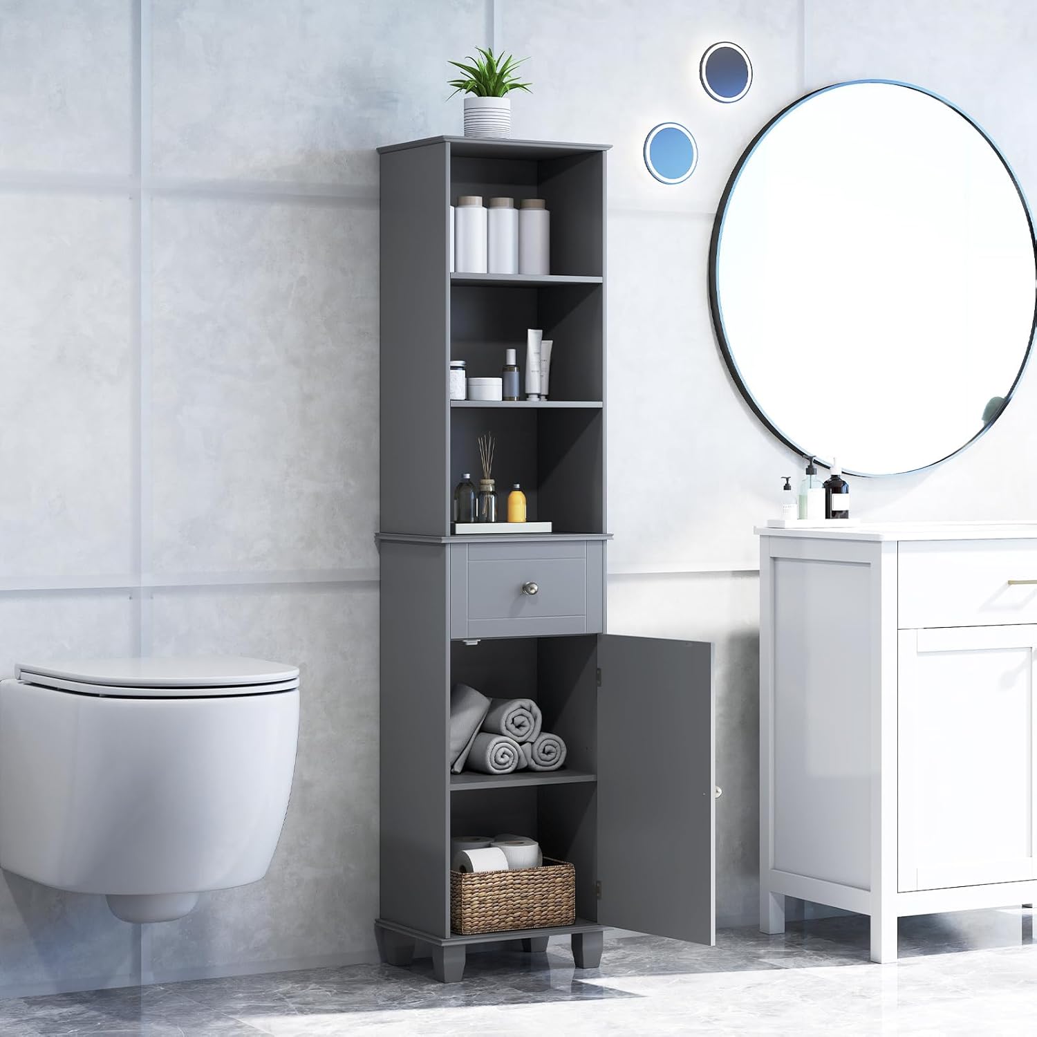 Slim Tall Storage Cabinet Grey Drawer Shelf Door Unit