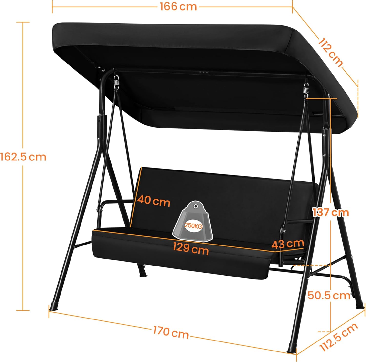 3 Seater Patio Swing Chair Canopy Cushion Black