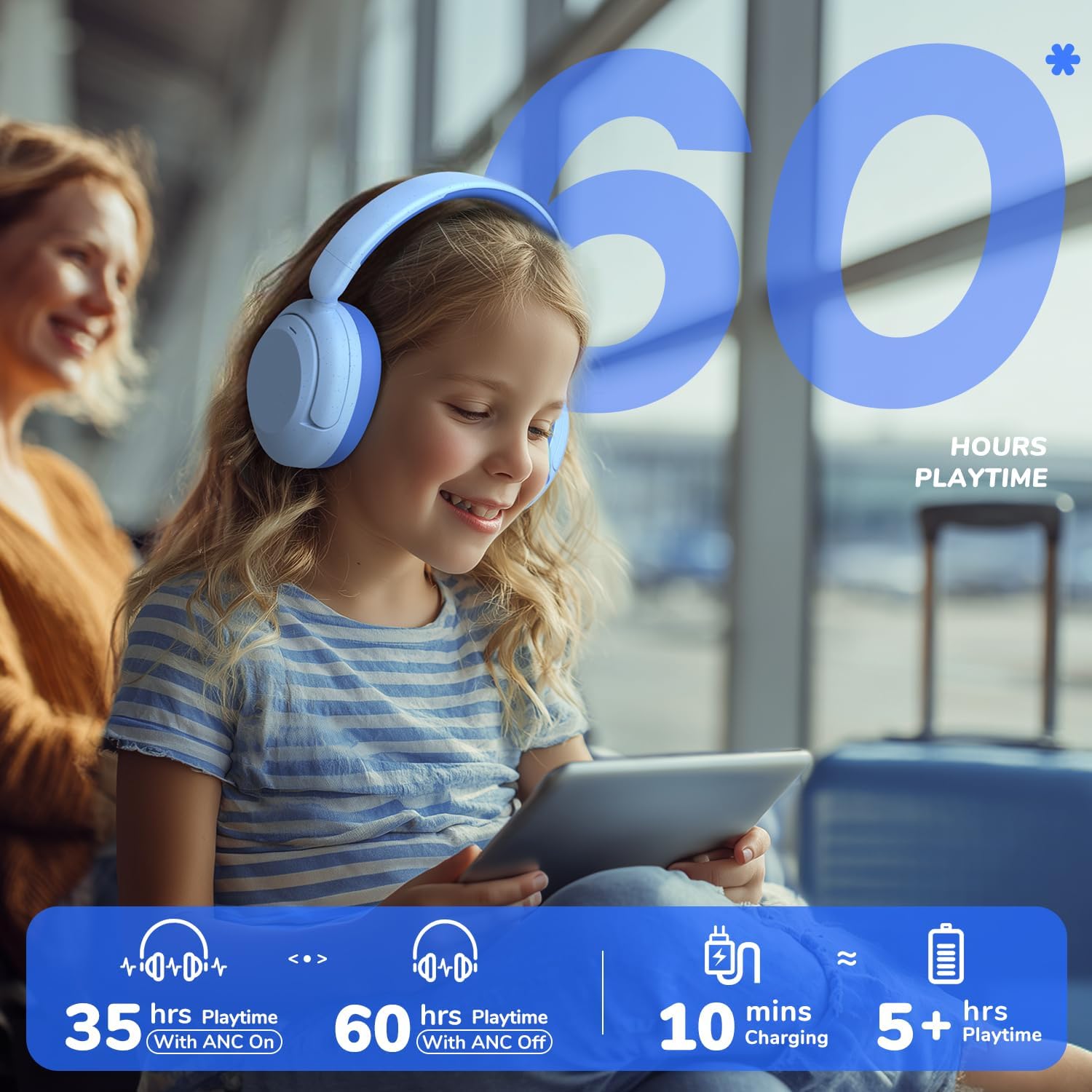 Kids Bluetooth ANC Headphones Safe Volume 60 Hour Battery Blue