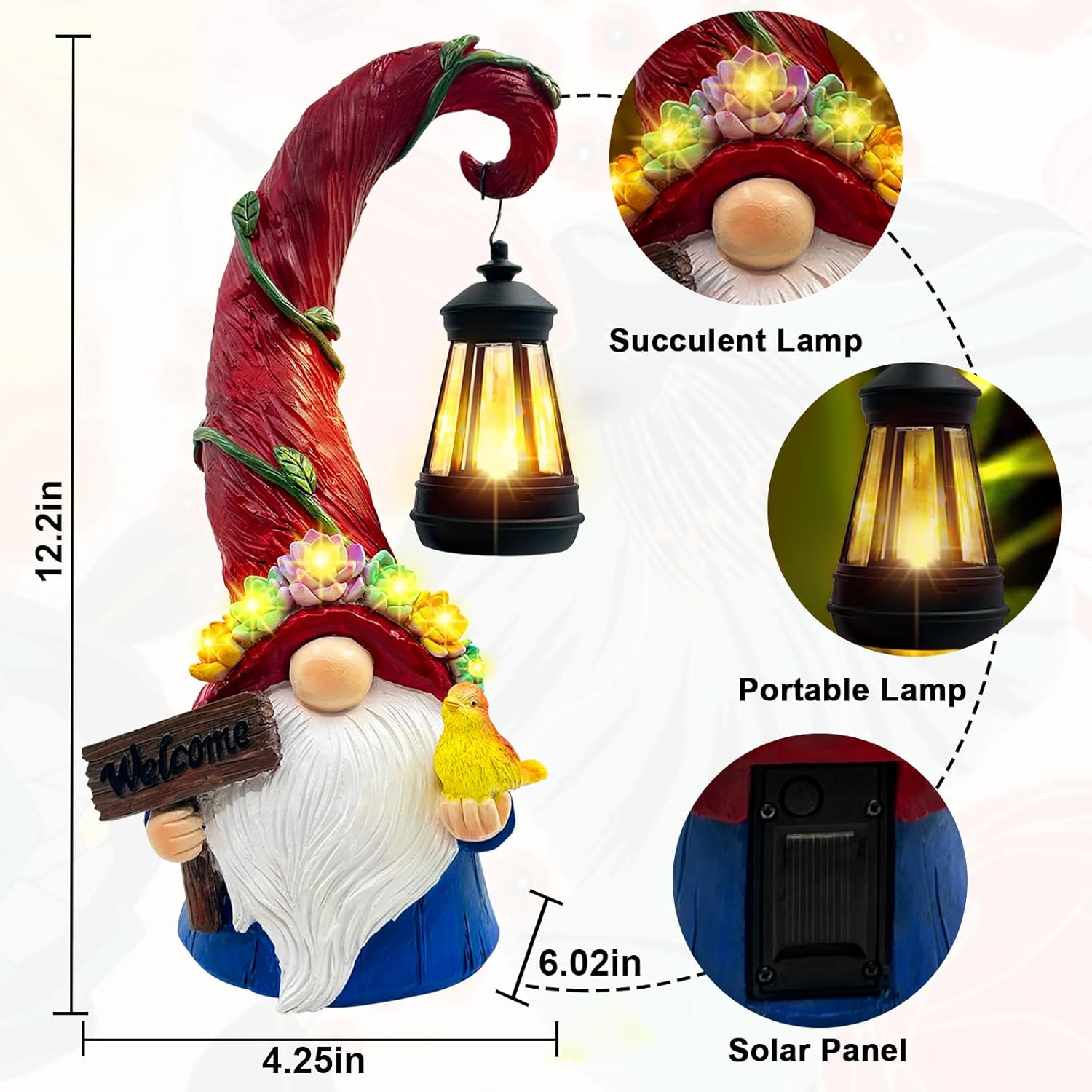 Solar Garden Gnome Statue LED Succulent Lights Outdoor Yard Decor