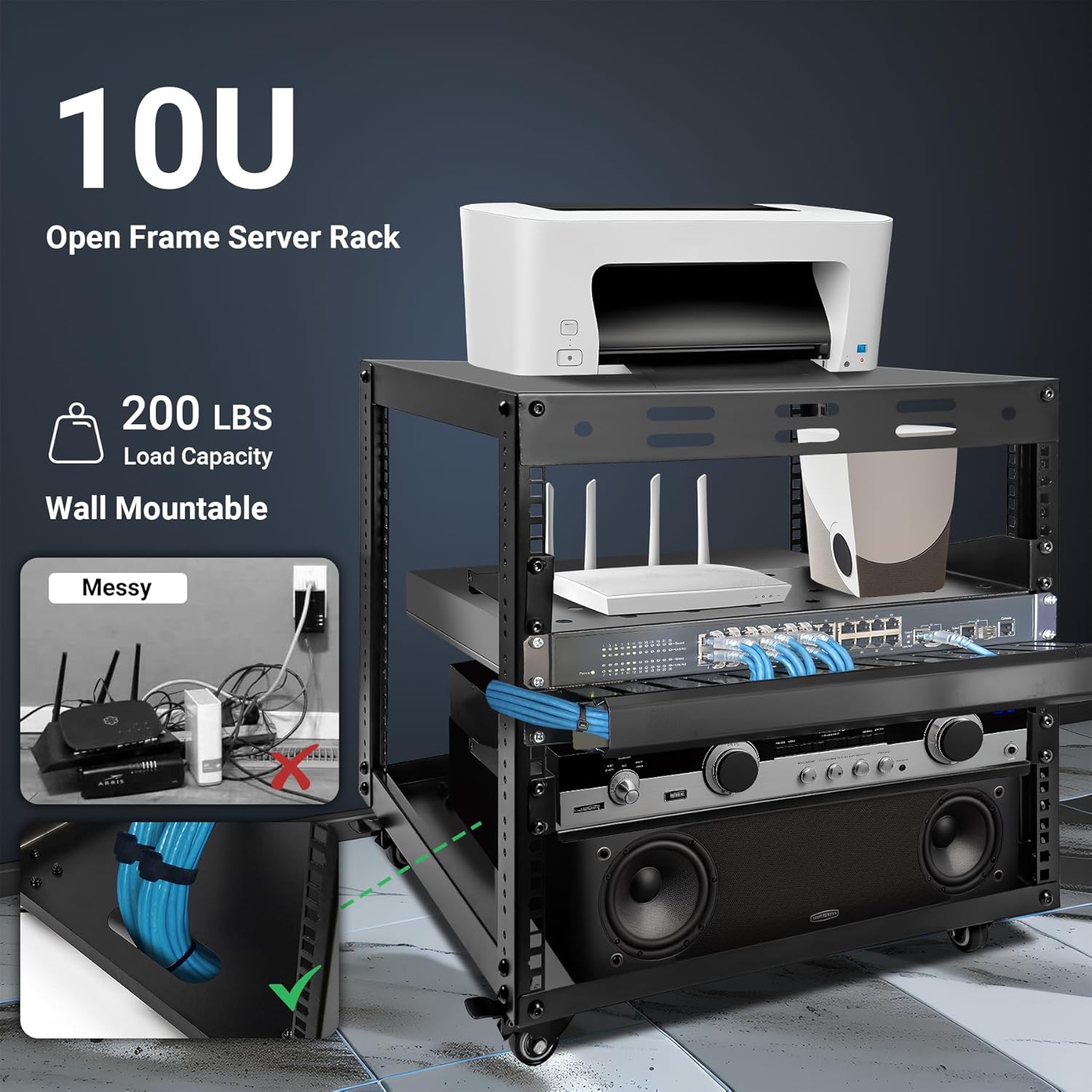 10U Open Frame Server Rack with Wheels 2 Shelves