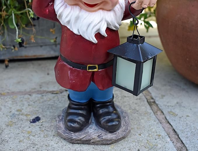 Glow in Dark Garden Gnome Solar Lantern Resin Outdoor Statue 31cm