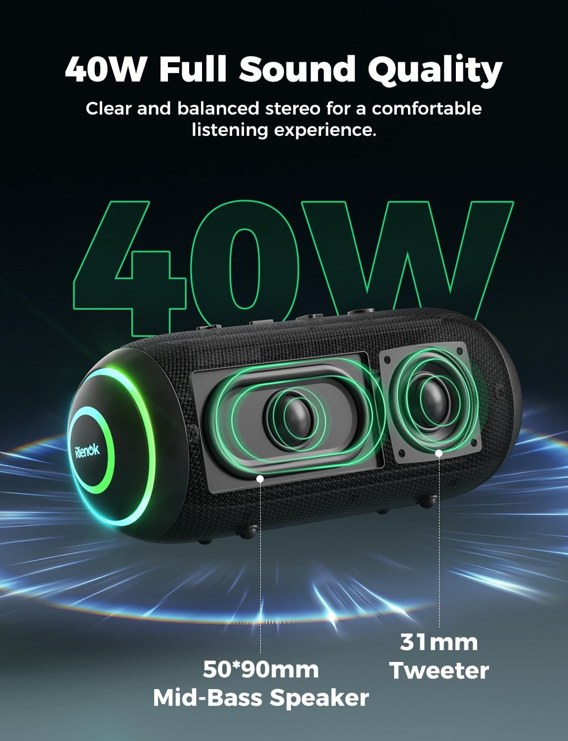 40W Portable Bluetooth Speaker IPX7 Waterproof 30H RGB TWS