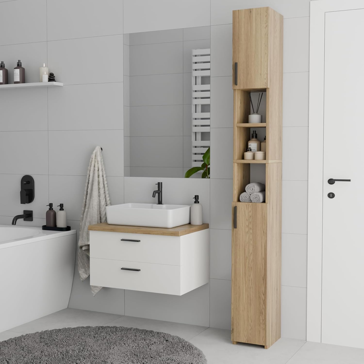 Slim Tall Bathroom Cabinet Oak 2 Door Shelf Unit