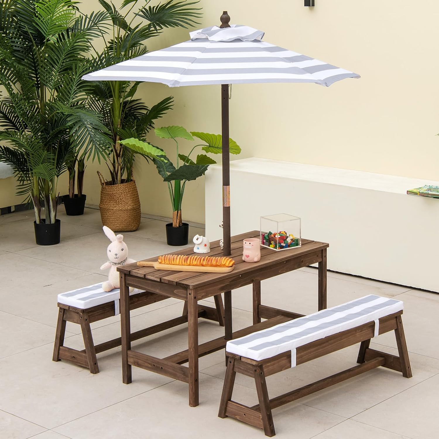 Kids Wooden Picnic Table Bench Set w/Umbrella Cushions