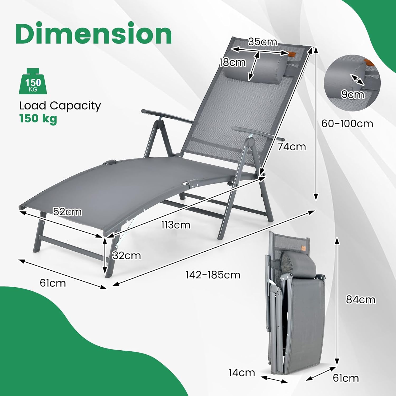 Portable Reclining Sunbed Chair 7 Position Grey