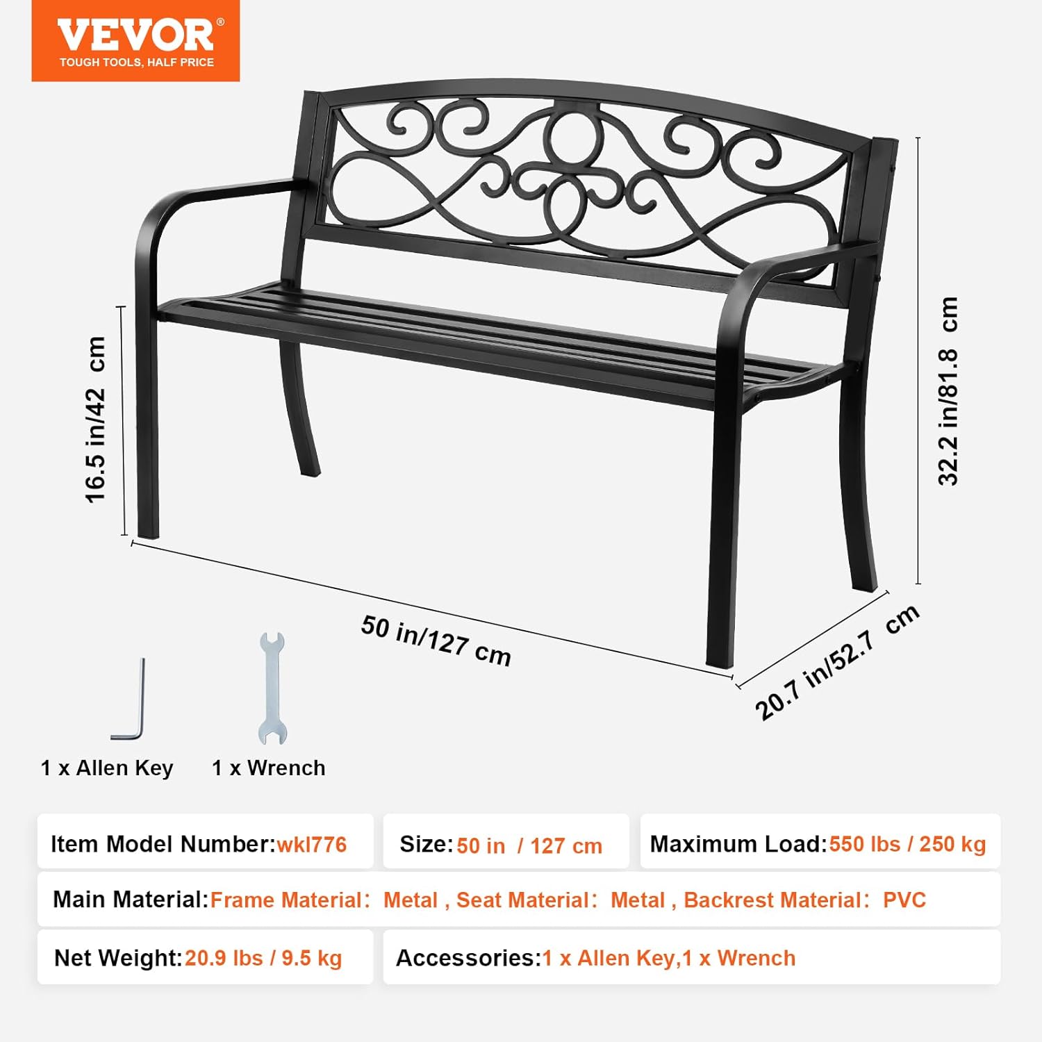 Metal Garden Bench 50in Outdoor Patio Seat with Backrest Armrests