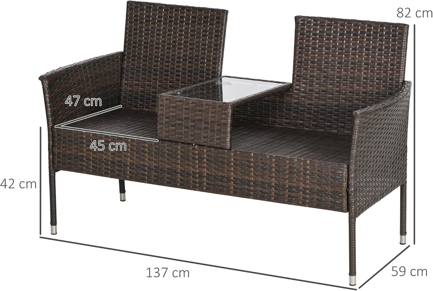 2 Seater Rattan Garden Bench with Glass Table Patio Love Seat