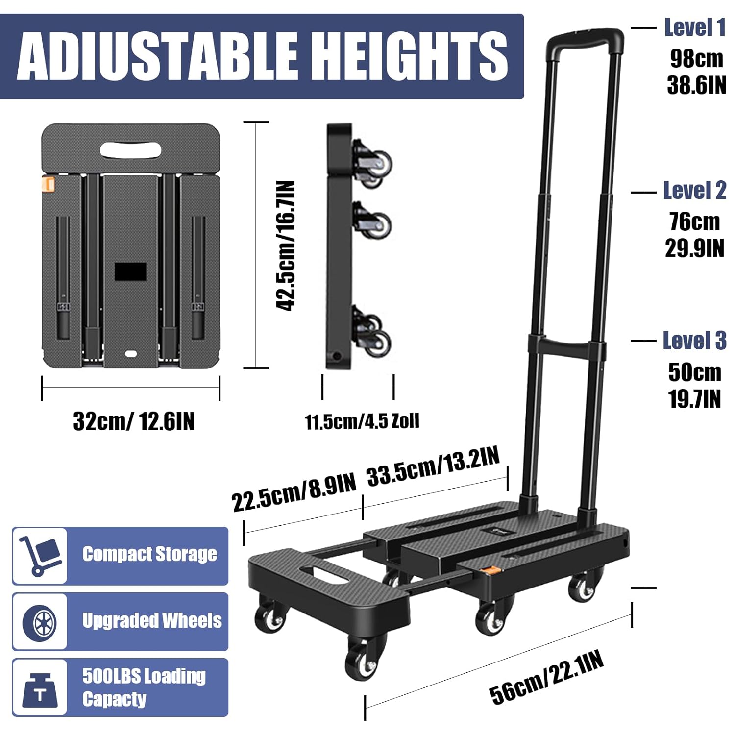 Folding Hand Truck 200KG 6 Wheel Utility Cart Black