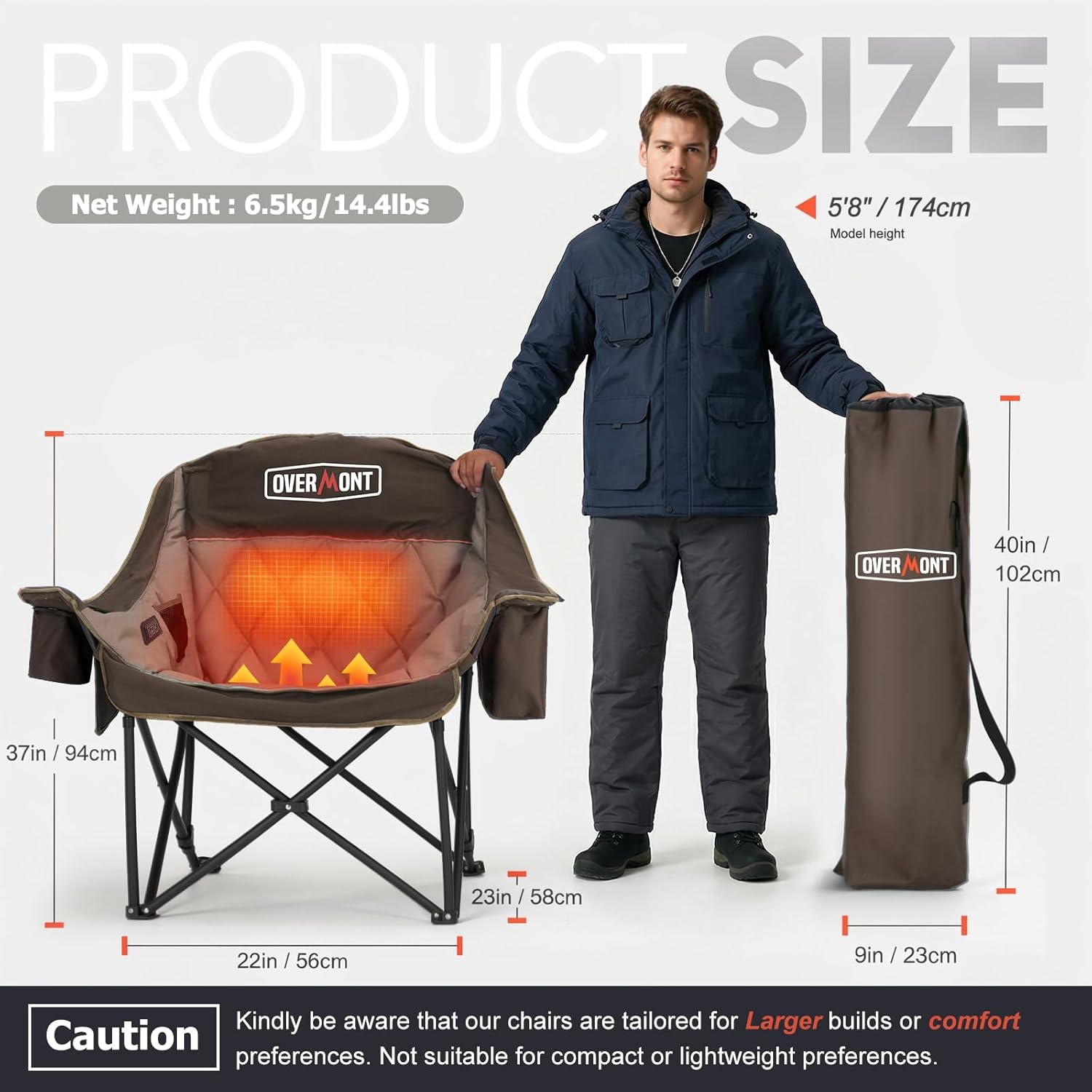 Heated XL Camping Chair 400lb Oversized Padded Khaki