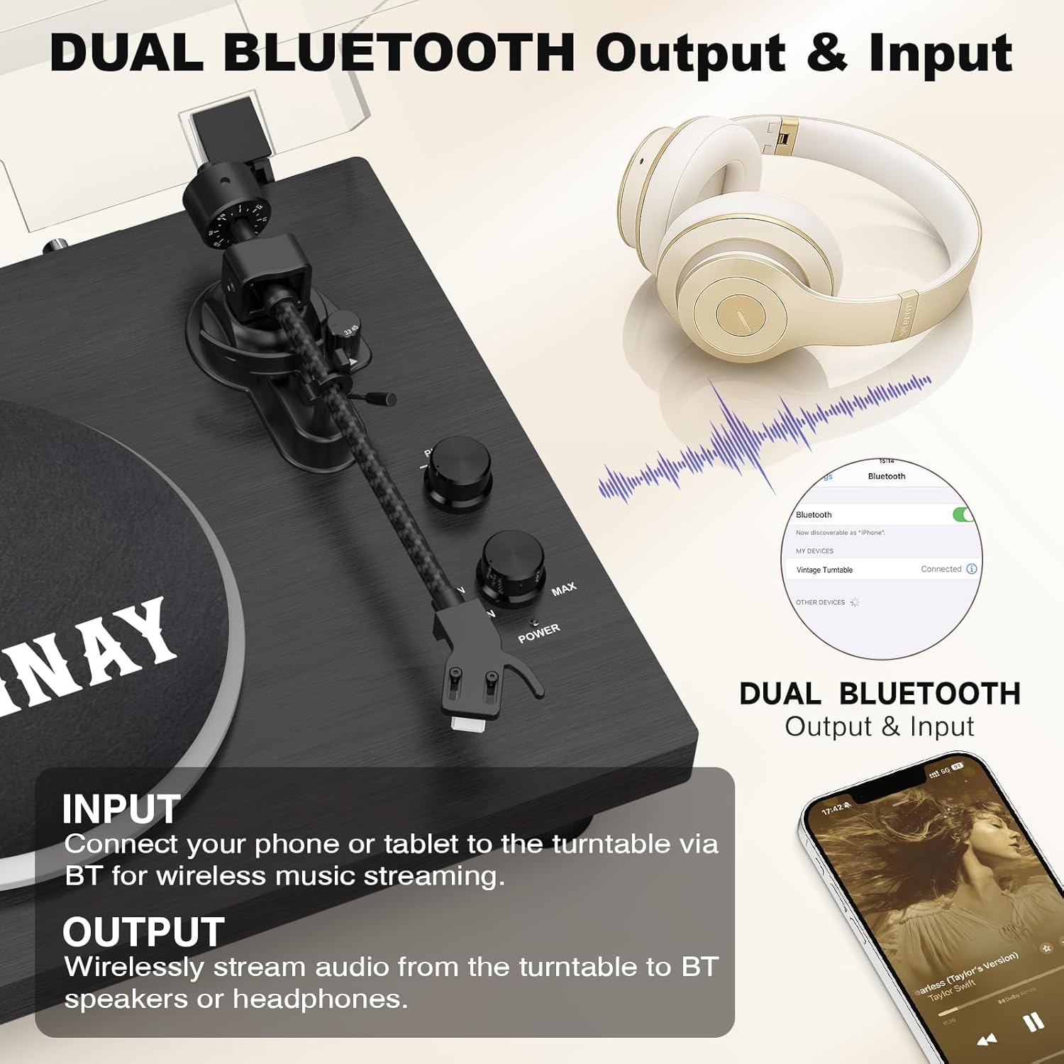 High-Fidelity Vinyl Turntable with Bluetooth, 33/45 RPM, Adjustable Counterweight