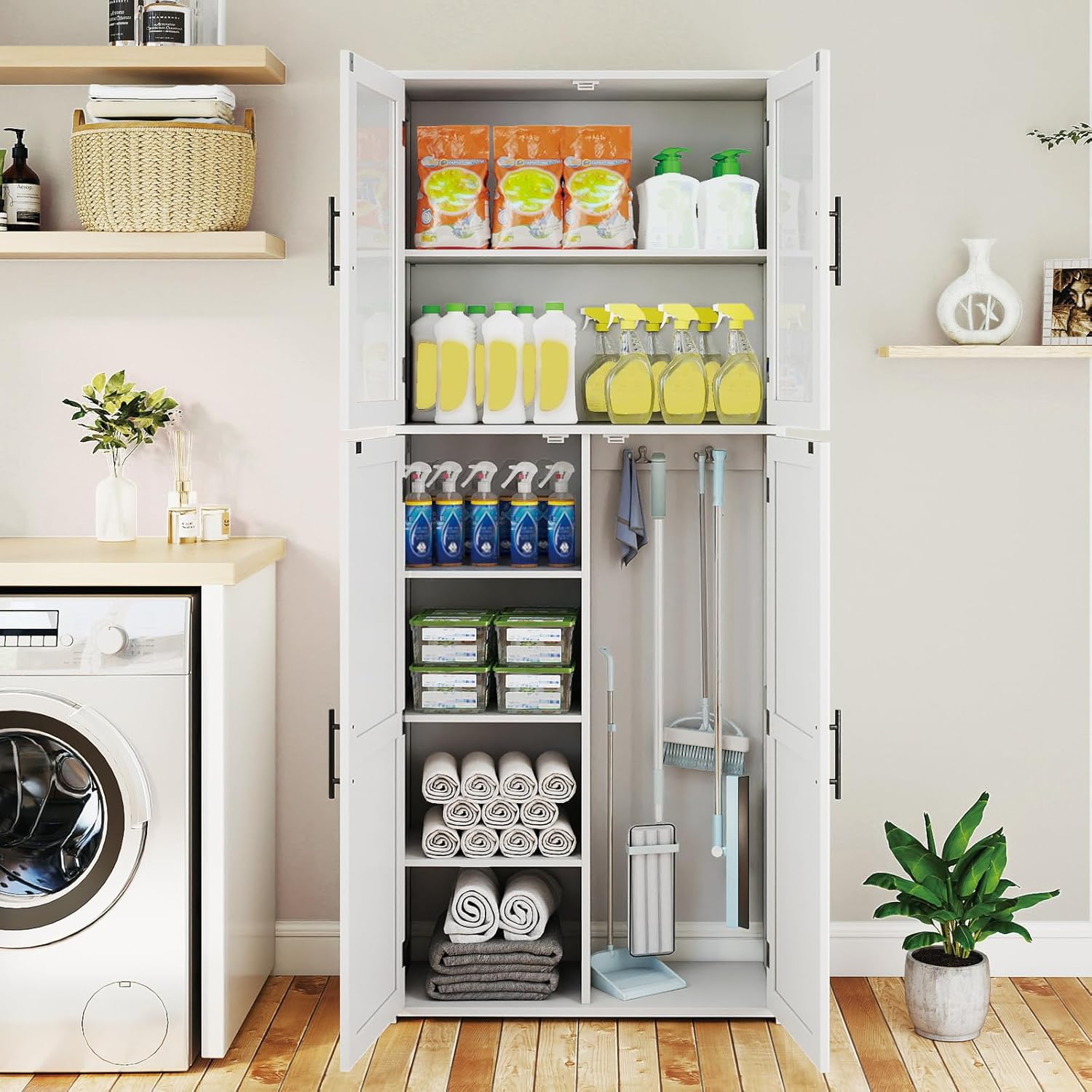 Tall Storage Cabinet White Adjustable Shelves Hook Unit