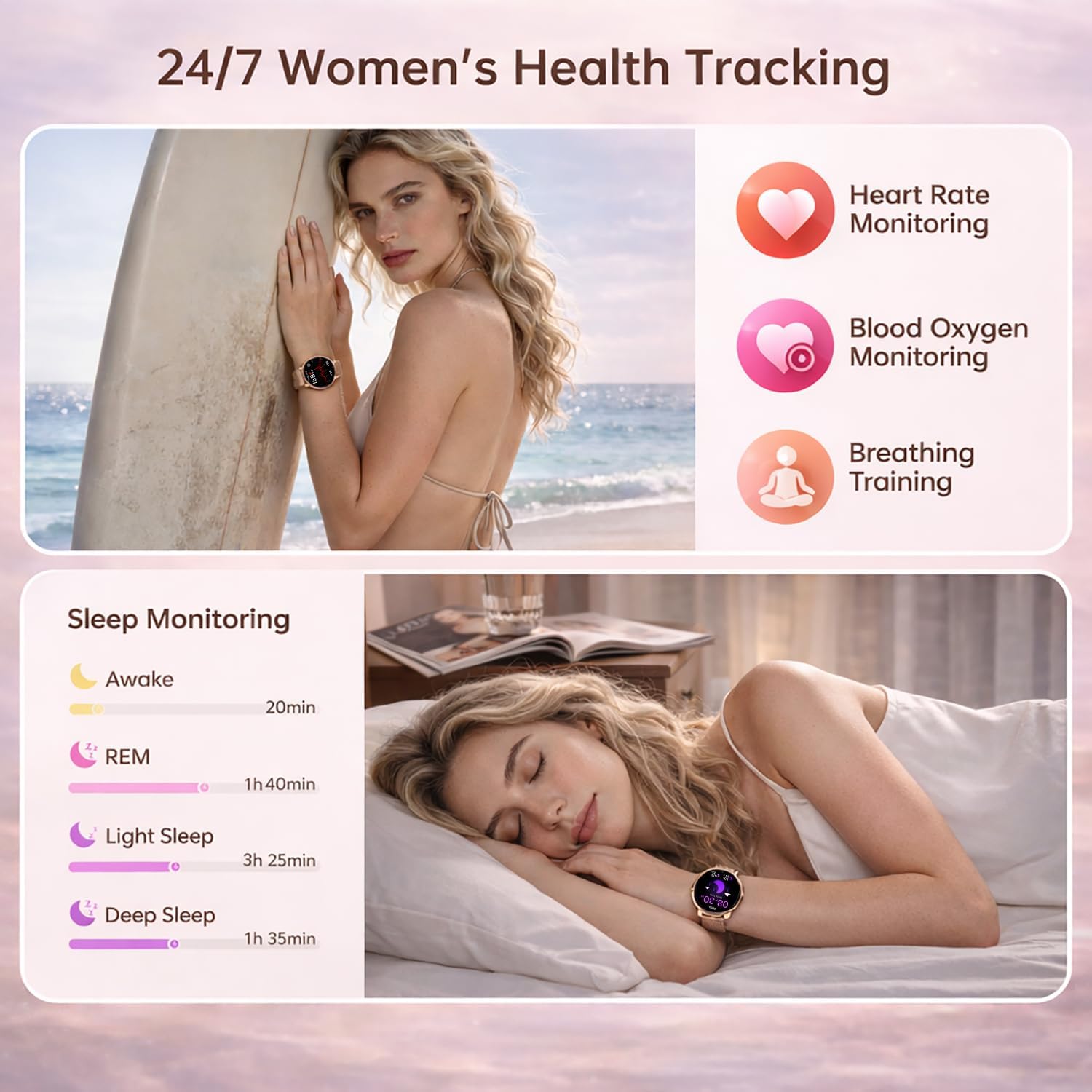 Rose Gold Womens Smart Watch Bluetooth Call Fitness