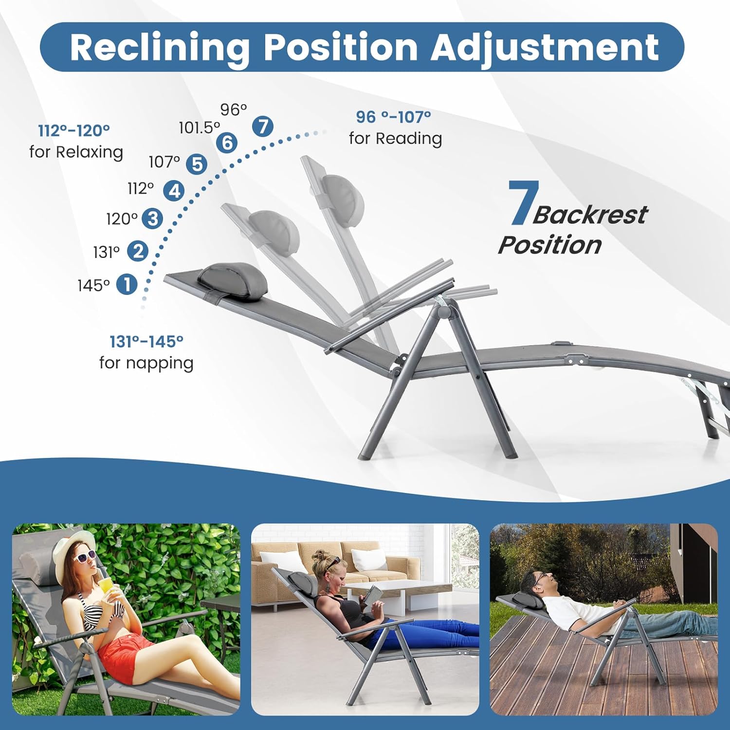 Folding Sun Lounger 7 Position Recliner Grey 150kg