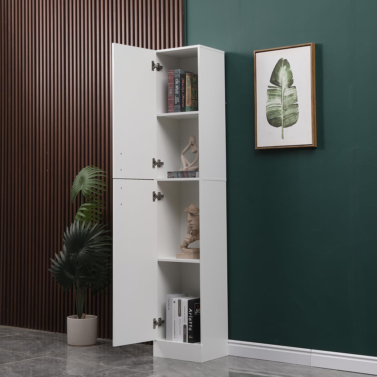 Tall Slim Storage Cabinet White High Gloss Shelves Door Unit