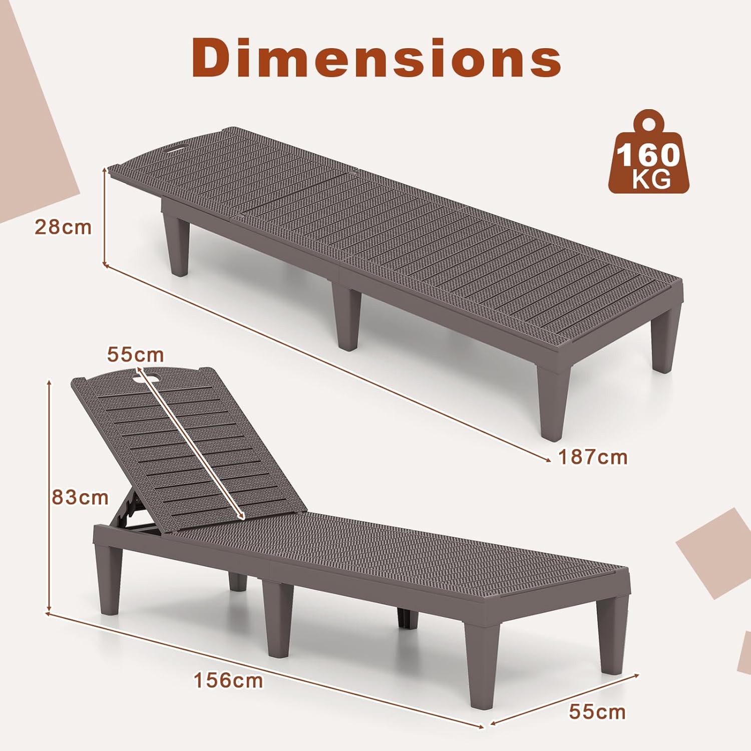 Set of 2 Rattan Style Sun Loungers Brown 5 Level