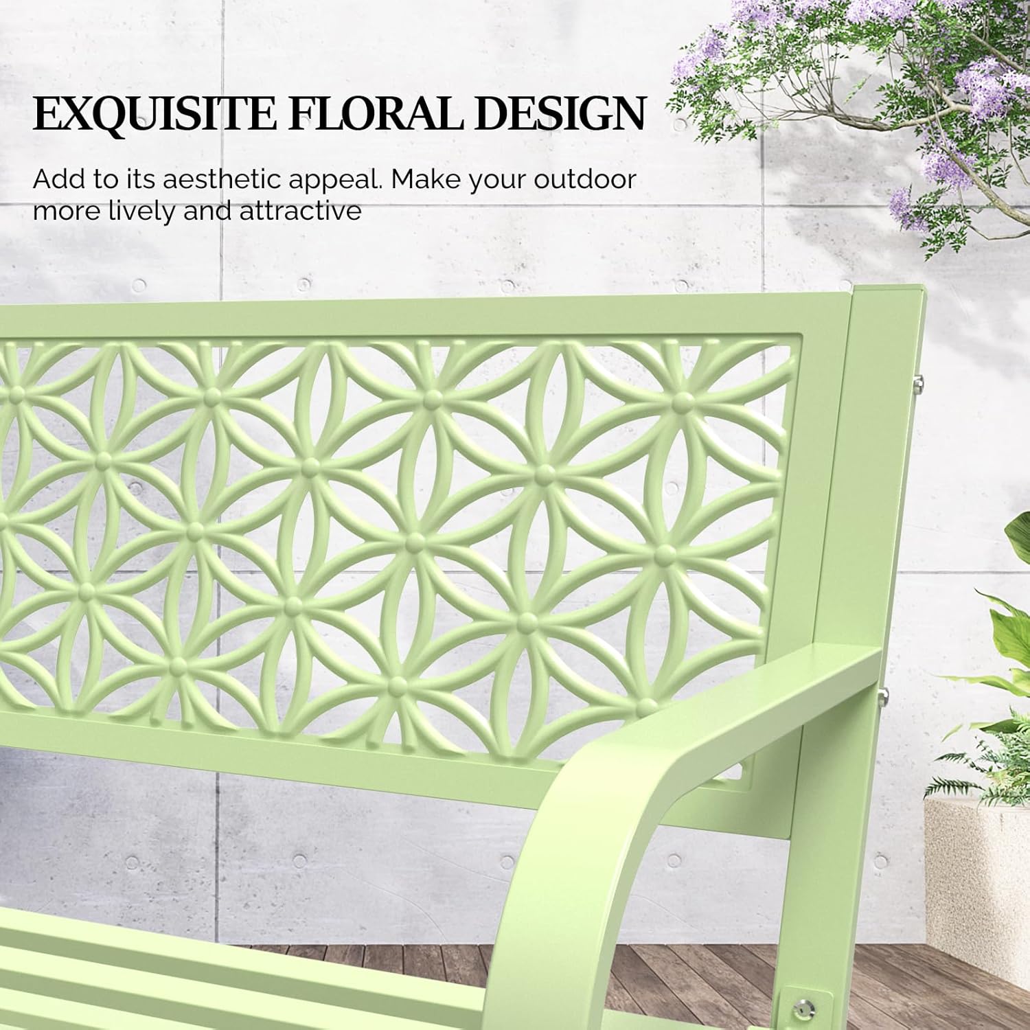 Metal Garden Bench 2-3 Seater Floral Back Outdoor Patio Seat Green