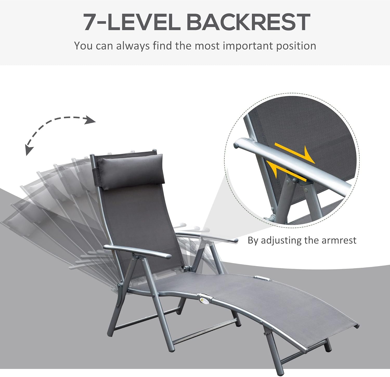 7 Level Folding Sun Lounger Recliner with Headrest Grey