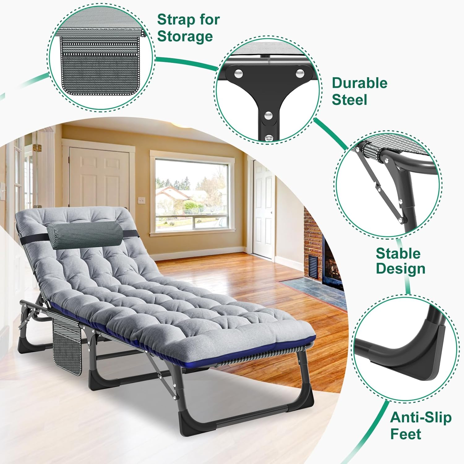 Heavy Duty Folding Lounger Bed Grey 200KG Recliner