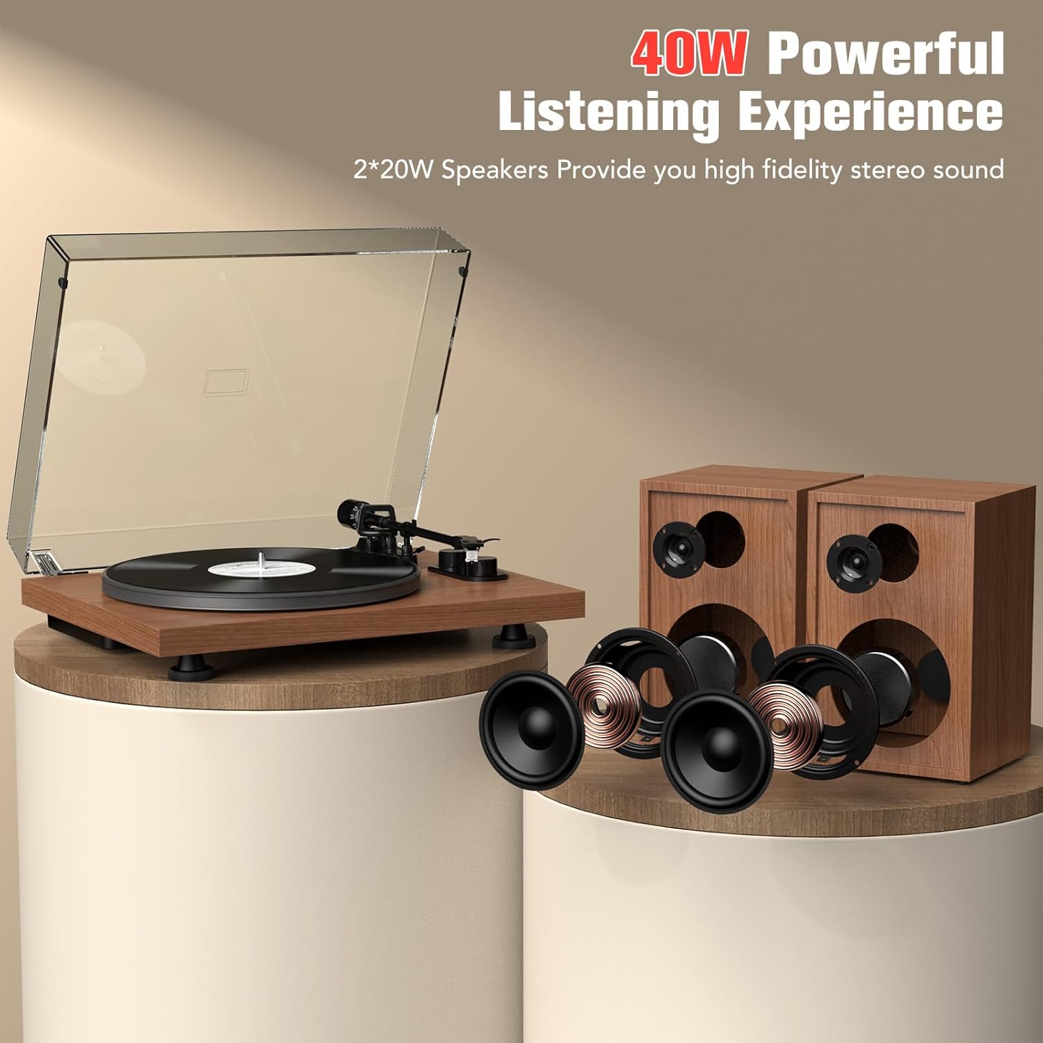 Bluetooth Turntable Hi-Fi System with 40W Speakers, Belt-Drive Vinyl Player