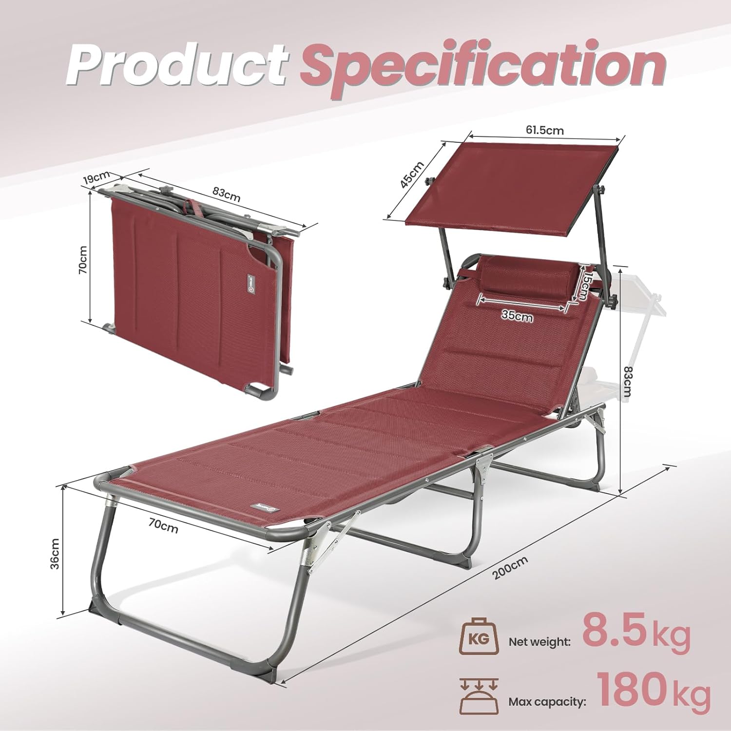 XXL Aluminium Sun Lounger with Sun Roof Adjustable Red 200x70