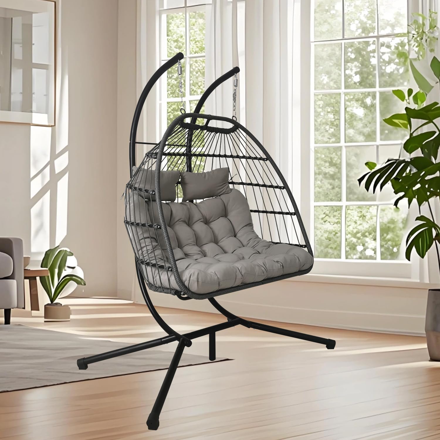 Double Rattan Swing Chair with Stand Light Grey