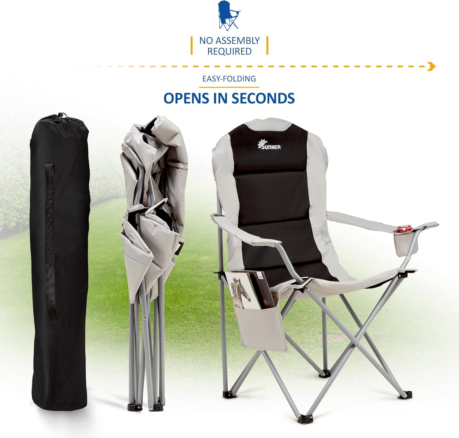 Padded Folding Camping Chairs 2 Pack Cup Holder Black Grey