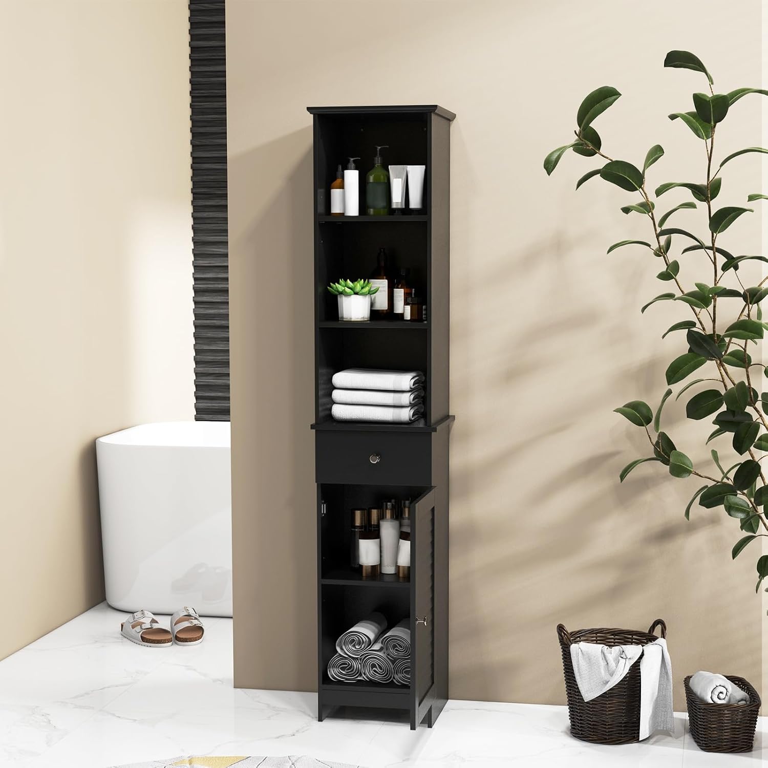 Slim Bathroom Tall Cabinet Drawer Shelf Cupboard Black